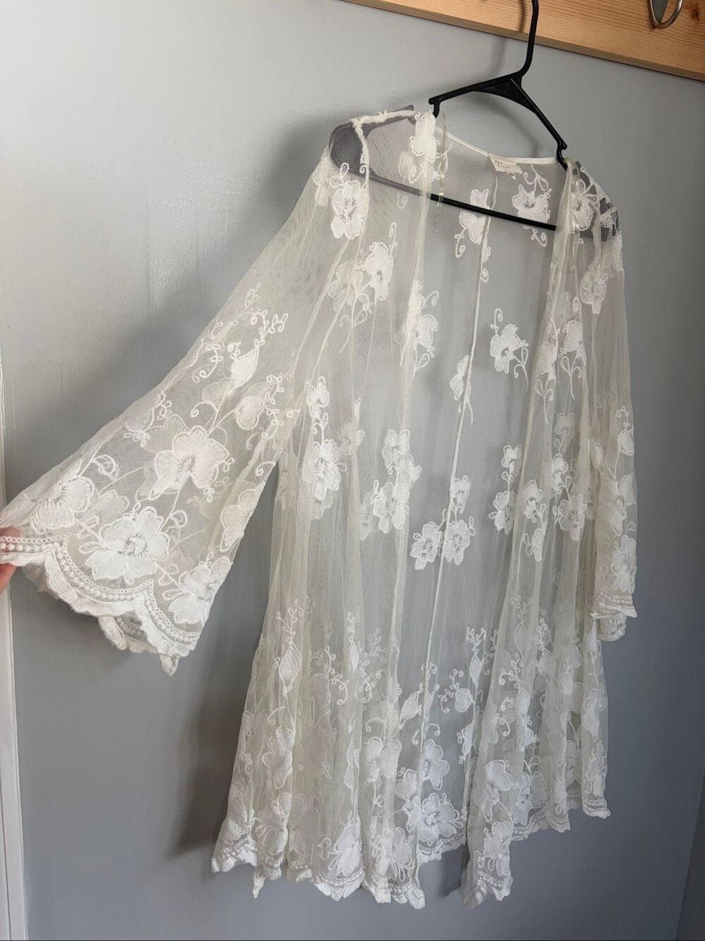 Dee Elly Ivory Lace Kimono Cardigan Sheer Floral Embroidered Boho Bell Sleeve S